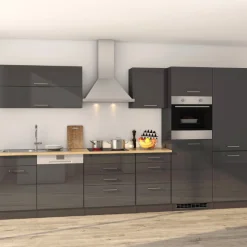 Küchenzeile Ragnar 360cm mit Kühl-Gefrierkombination, Backofen und Geschirrspüler - Hochglanz anthrazit