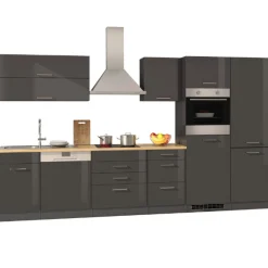 Küchenzeile Ragnar 360cm mit Kühl-Gefrierkombination, Backofen und Geschirrspüler - Hochglanz anthrazit