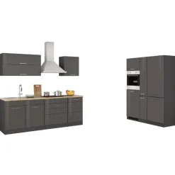 Küchenzeile Ragnar 380cm mit Kühl-Gefrierkombination und Backofen - Hochglanz anthrazit