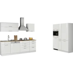 Küchenzeile Ragnar 390cm mit Kühl-Gefrierkombination, Backofen und Geschirrspüler - Hochglanz weiß