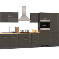 Küchenzeile Ragnar 350cm mit Kühl-Gefrierkombination und Backofen - Hochglanz anthrazit