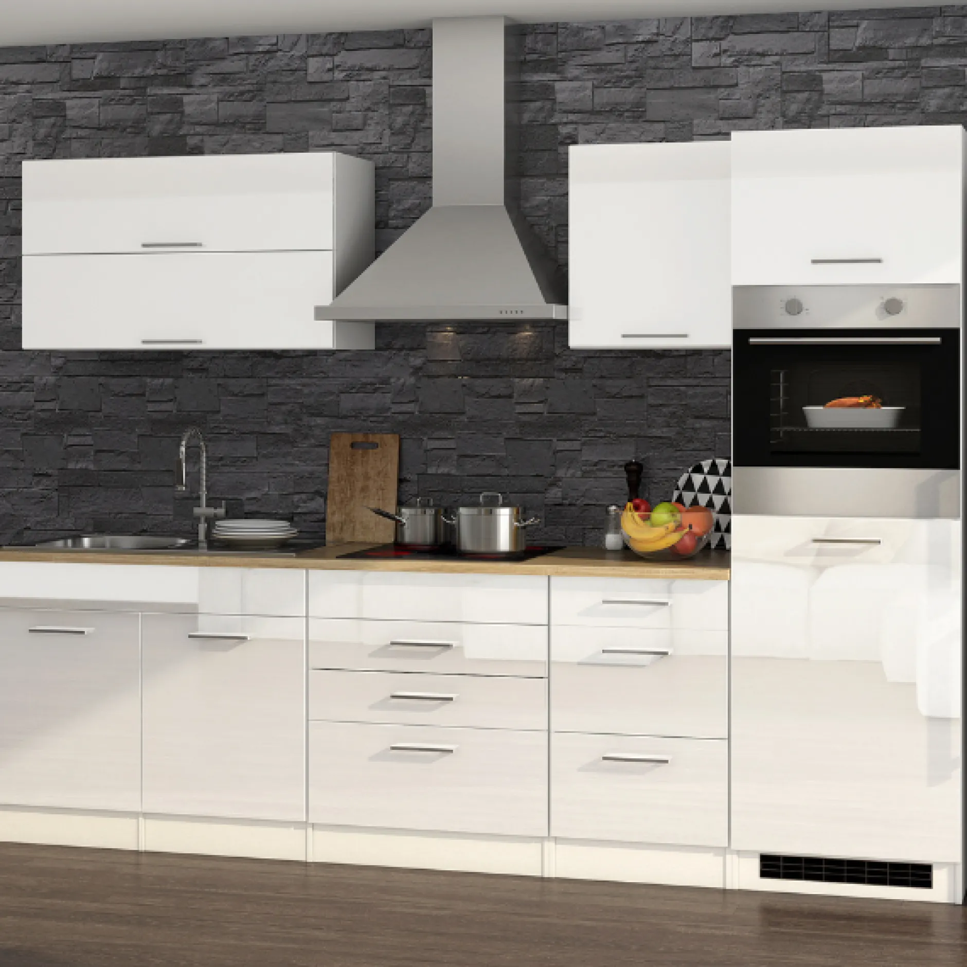 Küchenzeile Ragnar 290cm mit Kühlschrank und Backofen - Hochglanz weiß