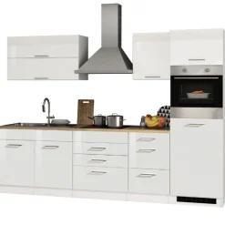 Küchenzeile Ragnar 290cm mit Kühlschrank und Backofen - Hochglanz weiß