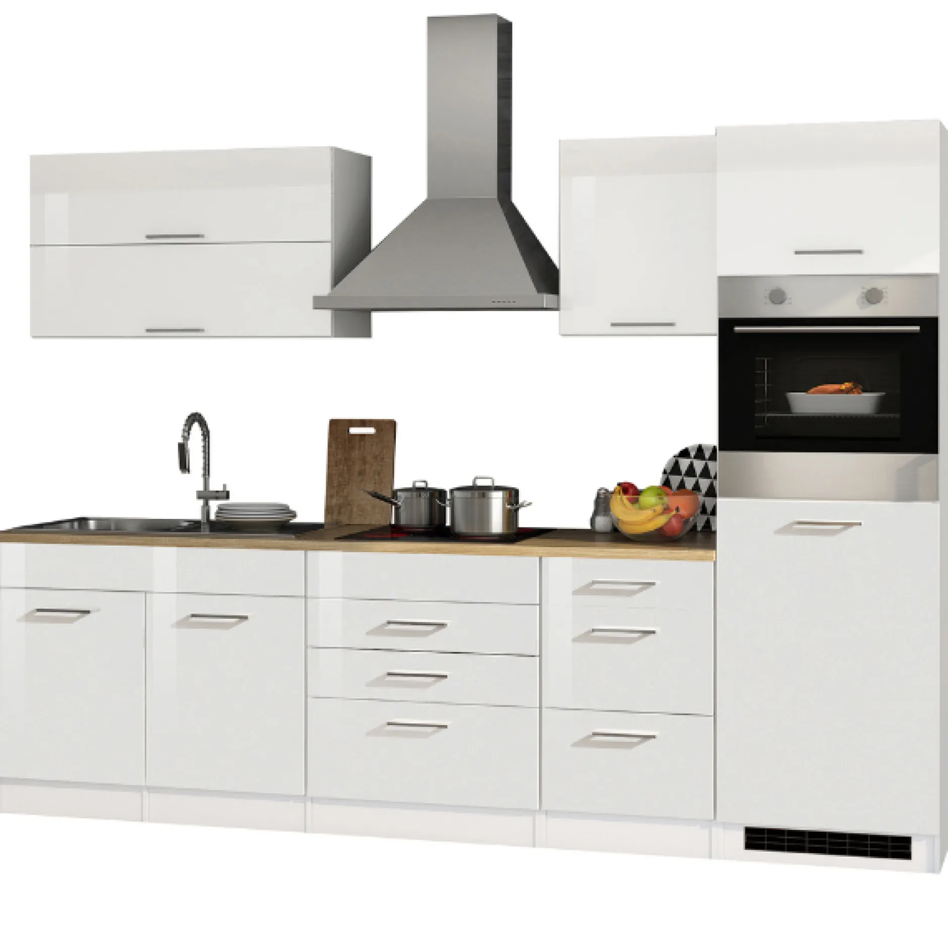 Küchenzeile Ragnar 290cm mit Kühlschrank und Backofen - Hochglanz weiß