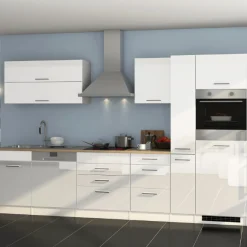 Küchenzeile Ragnar 330cm mit Kühlschrank, Backofen und Geschirrspüler - hochglänzend weiß