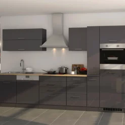 Küchenzeile Ragnar 330cm mit Kühlschrank, Backofen und Geschirrspüler - Hochglanz anthrazit