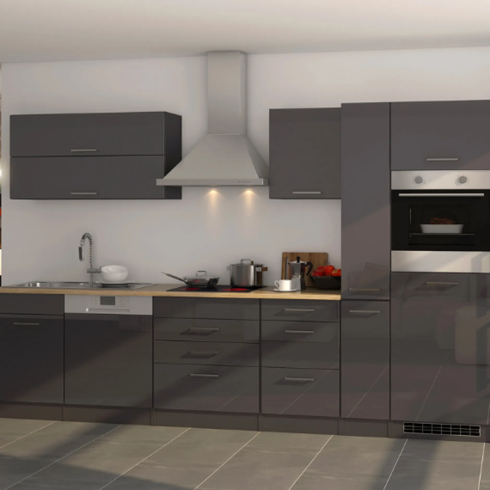 Küchenzeile Ragnar 330cm mit Kühlschrank, Backofen und Geschirrspüler - Hochglanz anthrazit