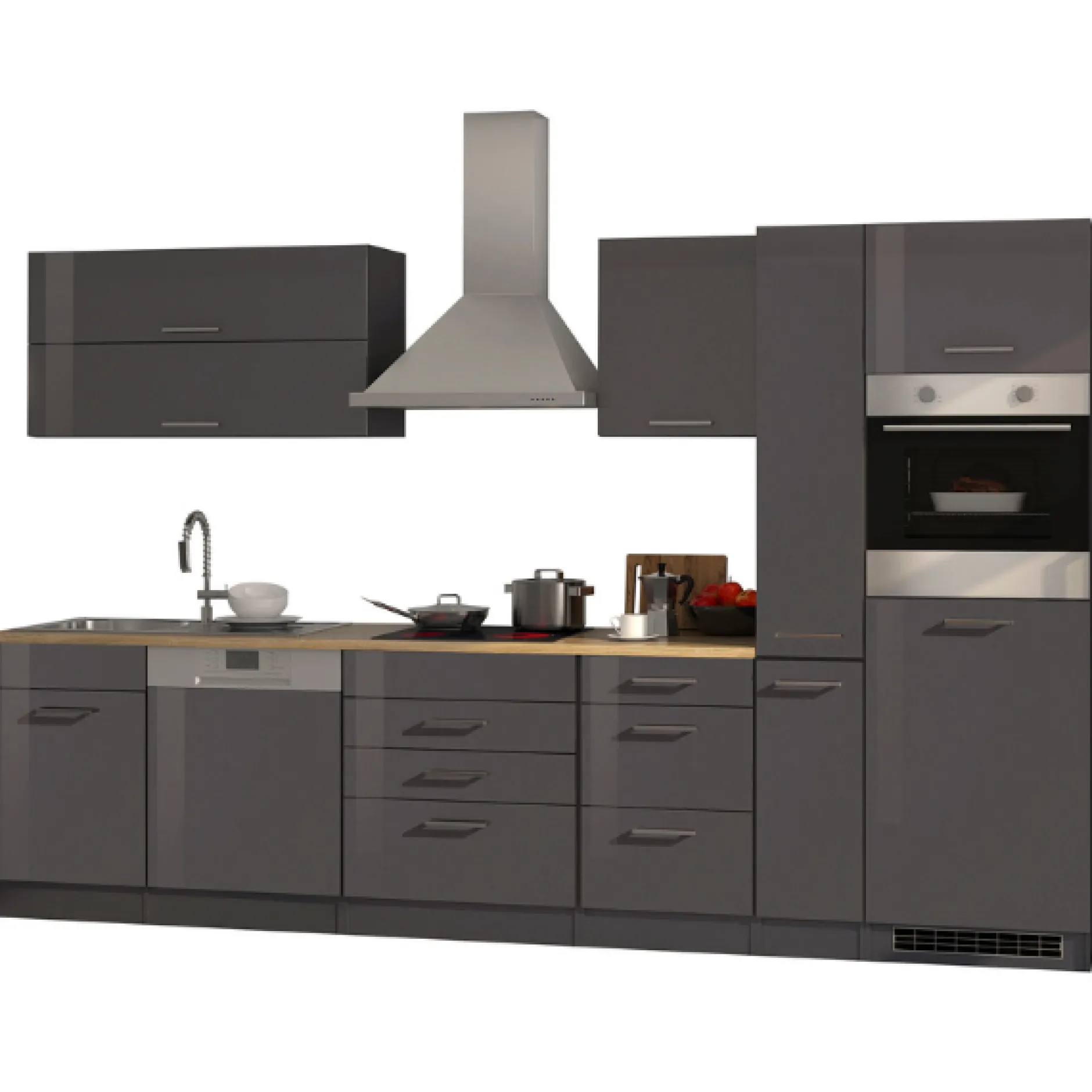 Küchenzeile Ragnar 330cm mit Kühlschrank, Backofen und Geschirrspüler - Hochglanz anthrazit