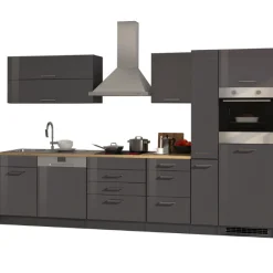 Küchenzeile Ragnar 330cm mit Kühlschrank, Backofen und Geschirrspüler - Hochglanz anthrazit