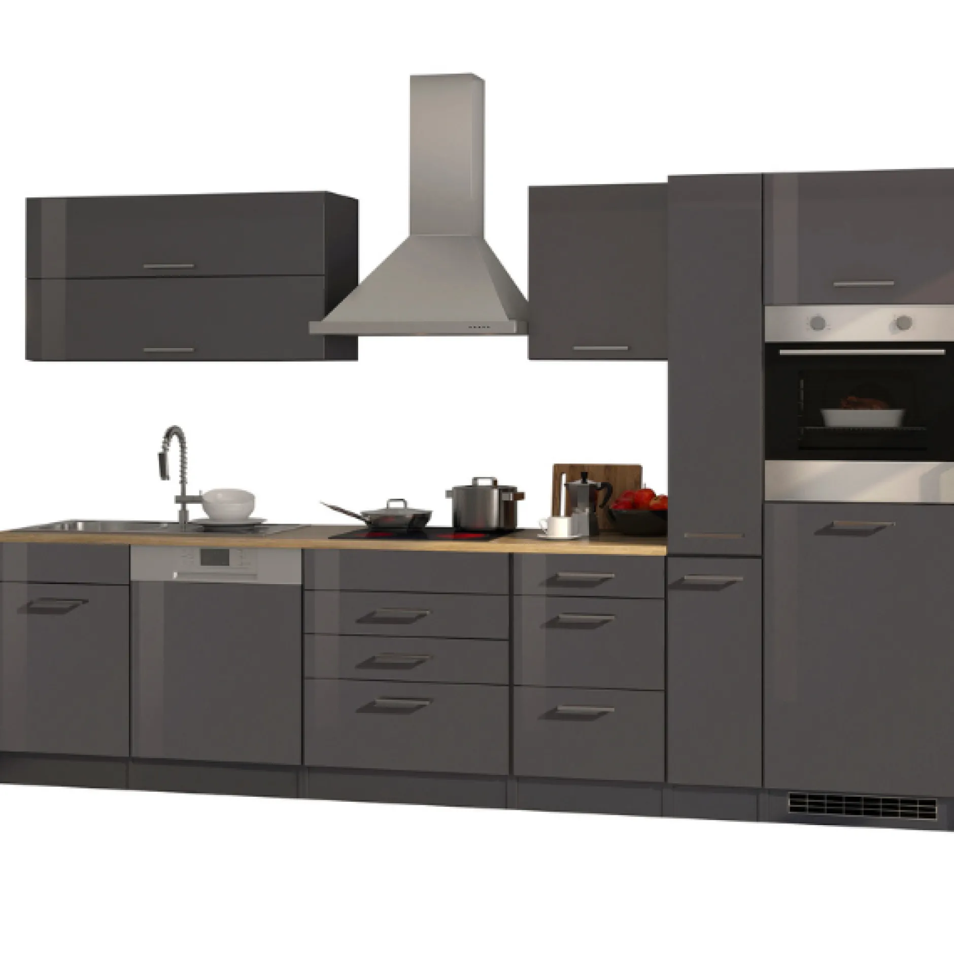 Küchenzeile Ragnar 330cm mit Kühlschrank, Backofen und Geschirrspüler - Hochglanz anthrazit