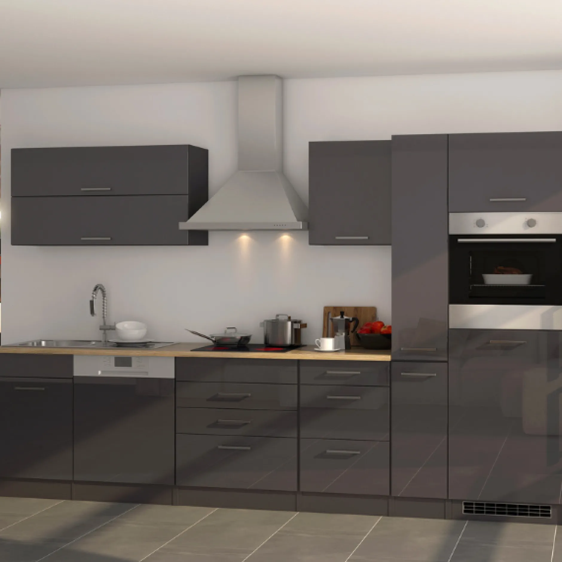 Küchenzeile Ragnar 330cm mit Kühlschrank, Backofen und Geschirrspüler - Hochglanz anthrazit