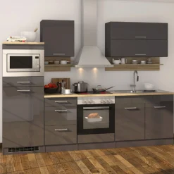 Küchenzeile Ragnar 270cm mit Mikrowelle, Kühlschrank und Backofen - Hochglanz anthrazit