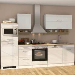 Küchenzeile Ragnar 280cm mit Mikrowelle, Kühlschrank, Backofen und Geschirrspüler - hochglänzend weiß