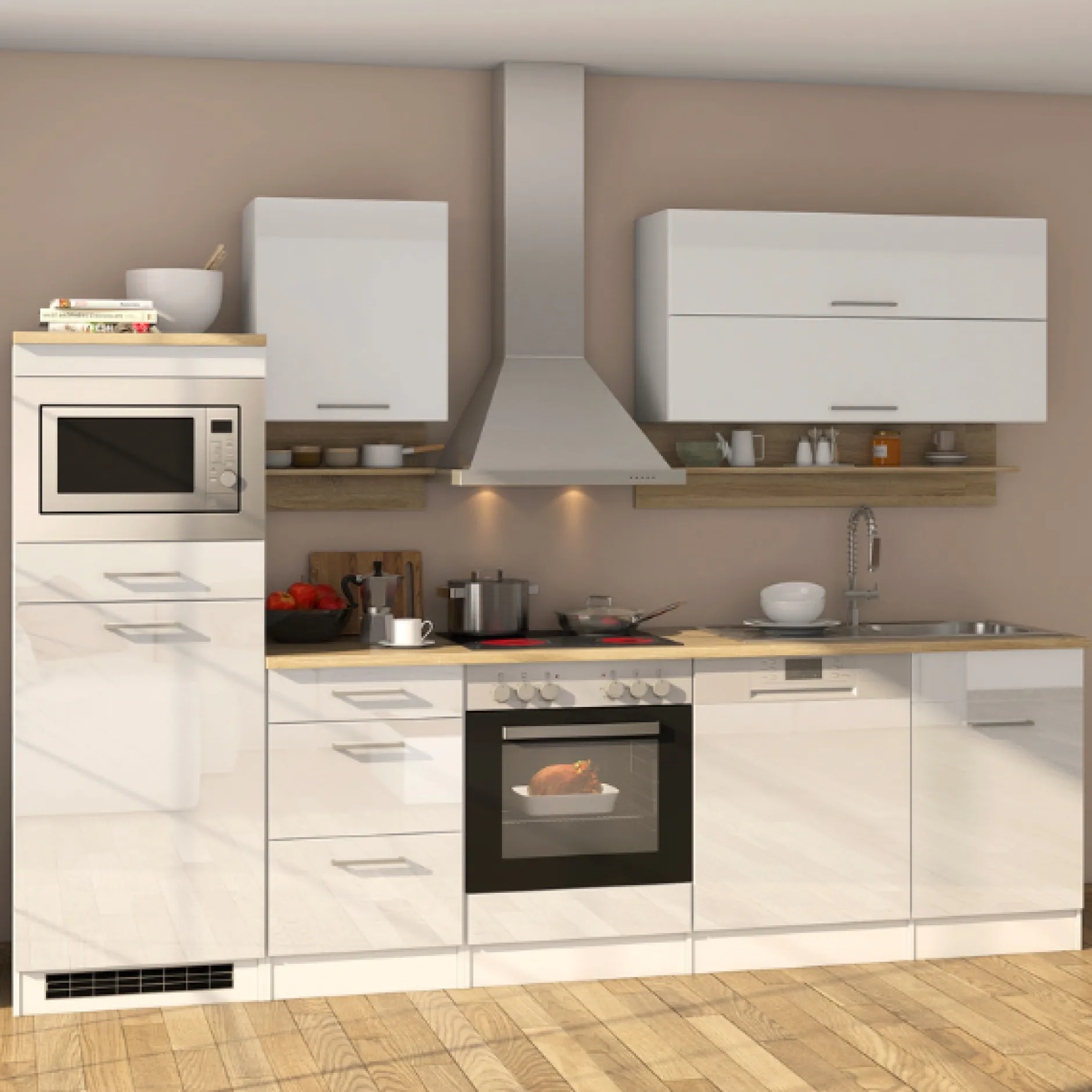 Küchenzeile Ragnar 280cm mit Mikrowelle, Kühlschrank, Backofen und Geschirrspüler - hochglänzend weiß