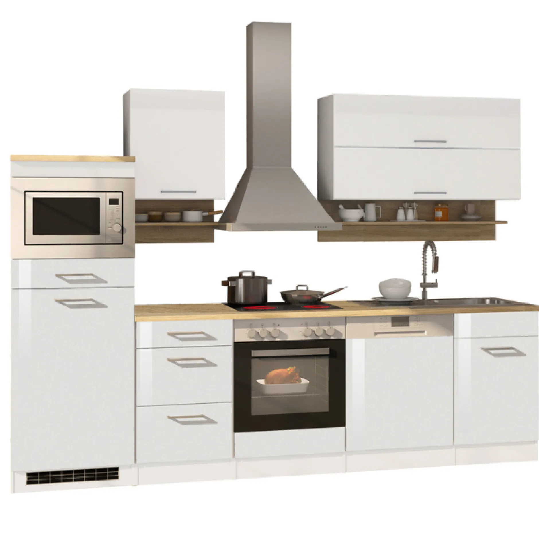 Küchenzeile Ragnar 280cm mit Mikrowelle, Kühlschrank, Backofen und Geschirrspüler - hochglänzend weiß
