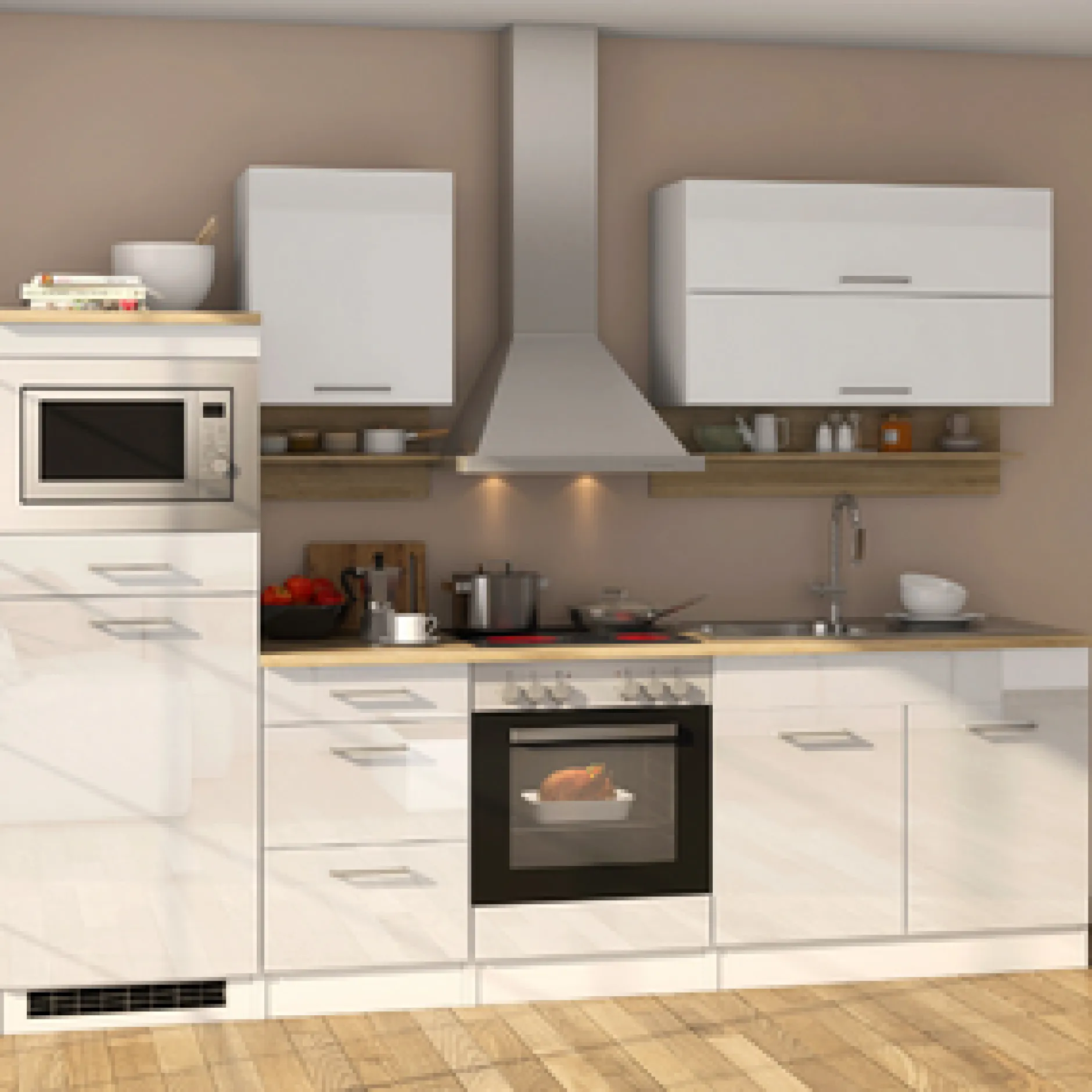 Küchenzeile Ragnar 270cm mit Mikrowelle, Kühlschrank und Backofen - Hochglanz weiß