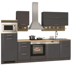 Küchenzeile Ragnar 280cm mit Mikrowelle, Kühlschrank, Backofen und Geschirrspüler - anthrazit hochglanz