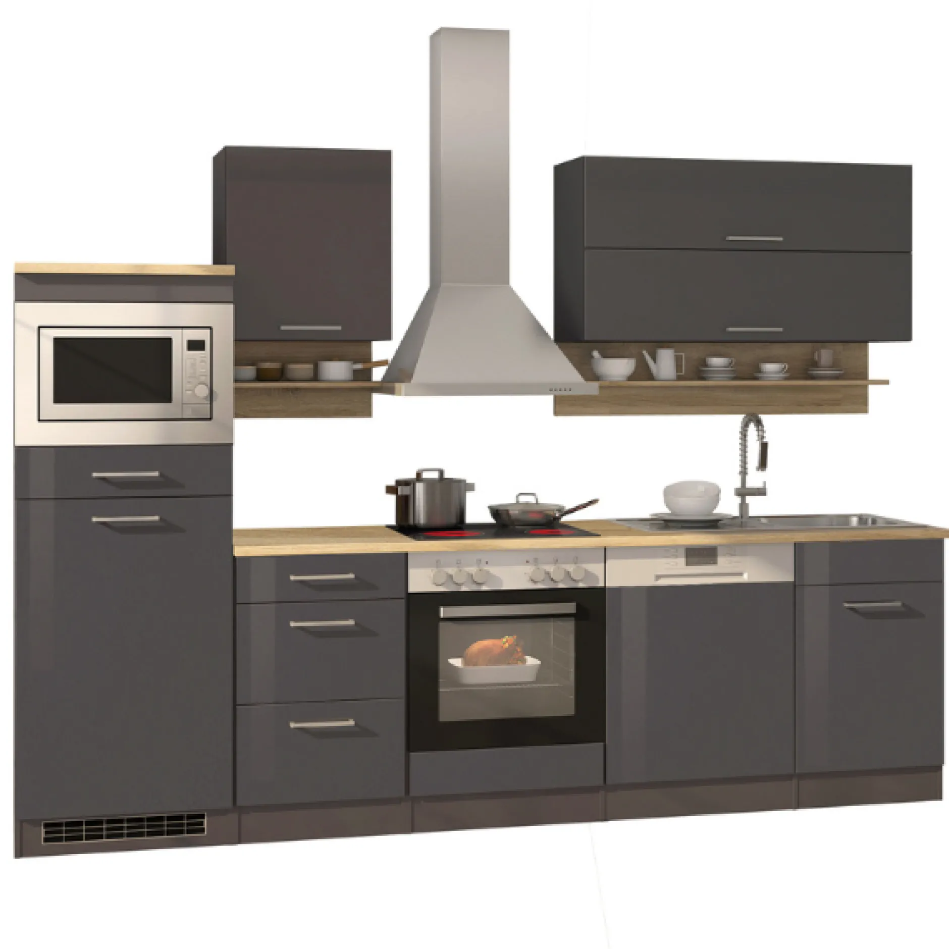 Küchenzeile Ragnar 280cm mit Mikrowelle, Kühlschrank, Backofen und Geschirrspüler - anthrazit hochglanz