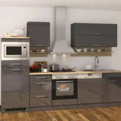 Küchenzeile Ragnar 280cm mit Mikrowelle, Kühlschrank, Backofen und Geschirrspüler - anthrazit hochglanz