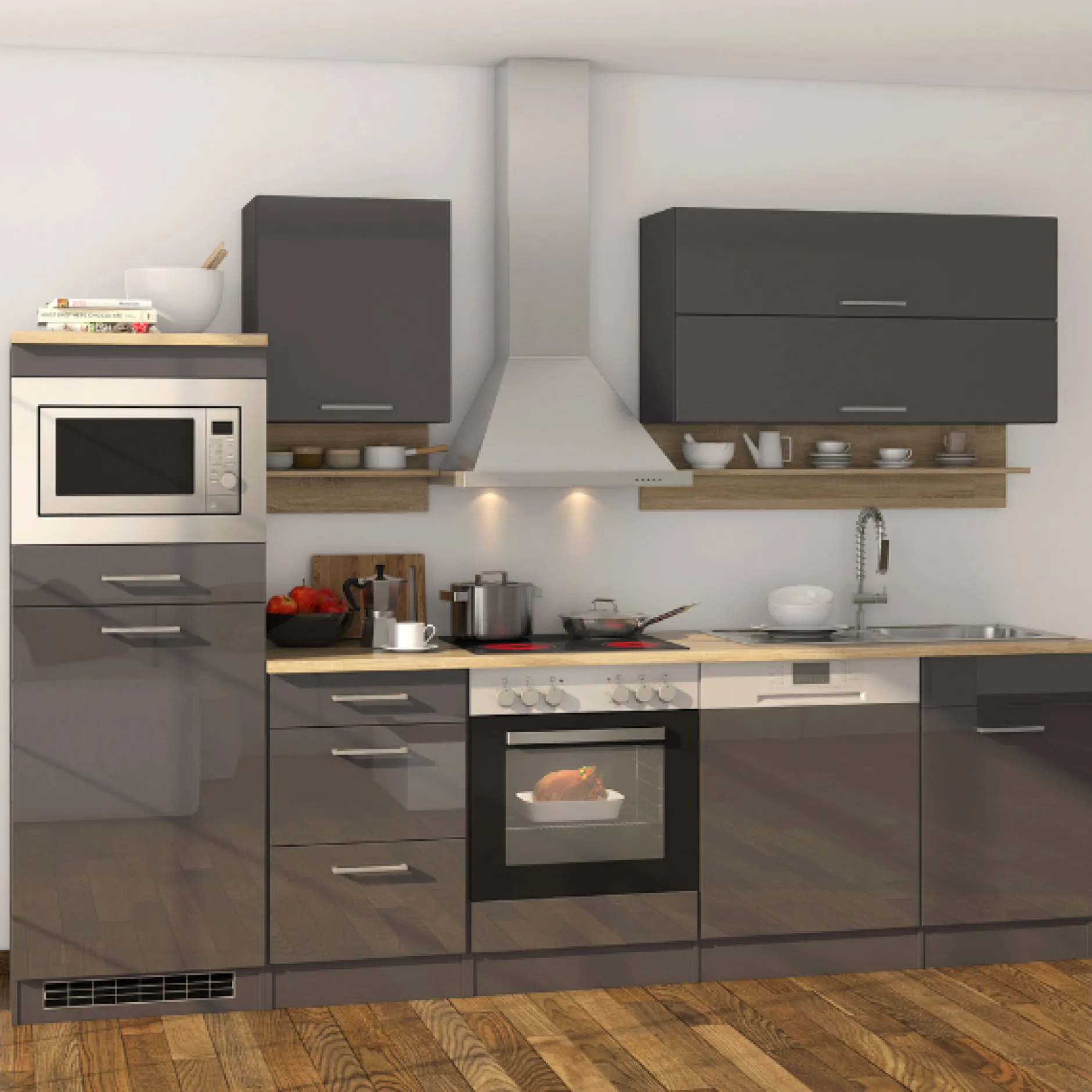 Küchenzeile Ragnar 280cm mit Mikrowelle, Kühlschrank, Backofen und Geschirrspüler - anthrazit hochglanz
