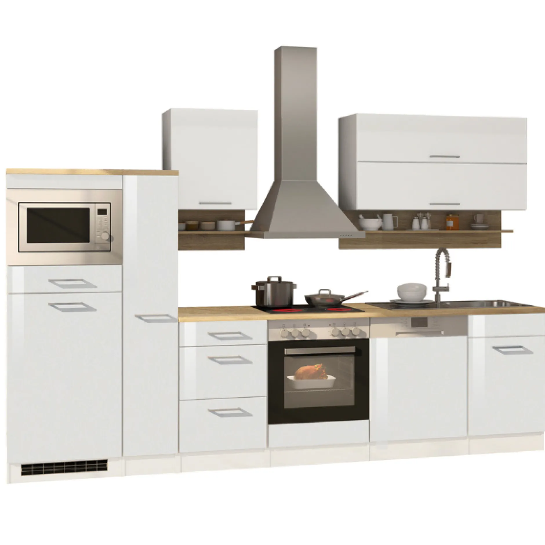 Küchenzeile Ragnar 310cm mit Mikrowelle, Kühlschrank, Backofen und Geschirrspüler - hochglänzend weiß