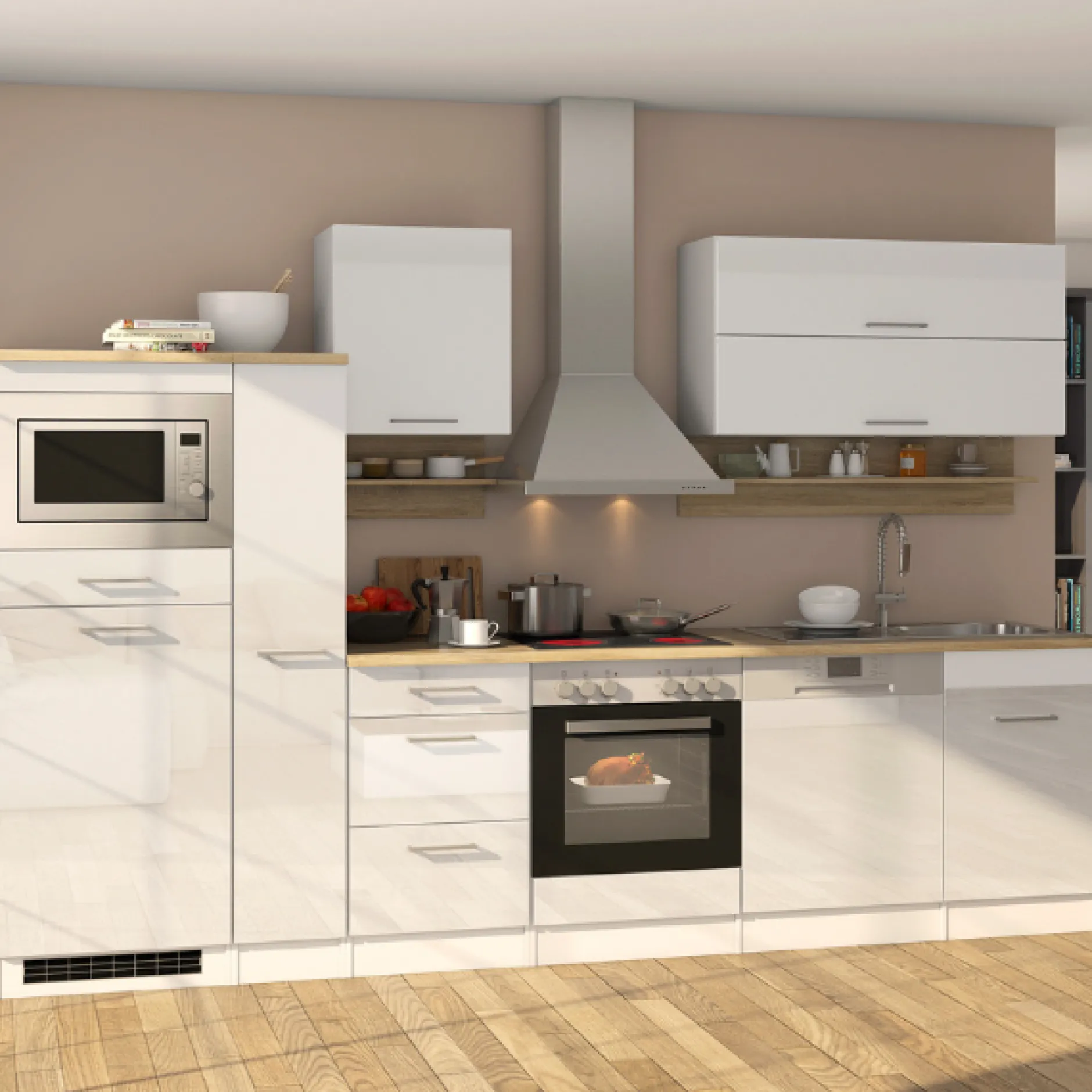 Küchenzeile Ragnar 310cm mit Mikrowelle, Kühlschrank, Backofen und Geschirrspüler - hochglänzend weiß