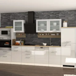 Küchenzeile Ragnar 340cm mit Platz für Backofen, Mikrowelle, Geschirrspüler und Kühlschrank - hochglänzend weiß
