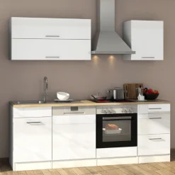 Küchenzeile Ragnar 220cm mit Platz für Backofen und Geschirrspüler - hochglänzend weiß
