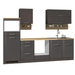 Küchenzeile Ragnar 270cm mit Platz für Mikrowelle, Kühlschrank und Backofen - Hochglanz anthrazit