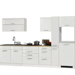 Küchenzeile Ragnar 320cm mit Platz für Kühlschrank und Backofen - hochglänzend weiß