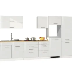 Küchenzeile Ragnar 350cm mit Platz für Kühl-Gefrierkombination und Backofen - hochglänzend weiß