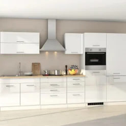 Küchenzeile Ragnar 350cm mit Platz für Kühl-Gefrierkombination und Backofen - hochglänzend weiß