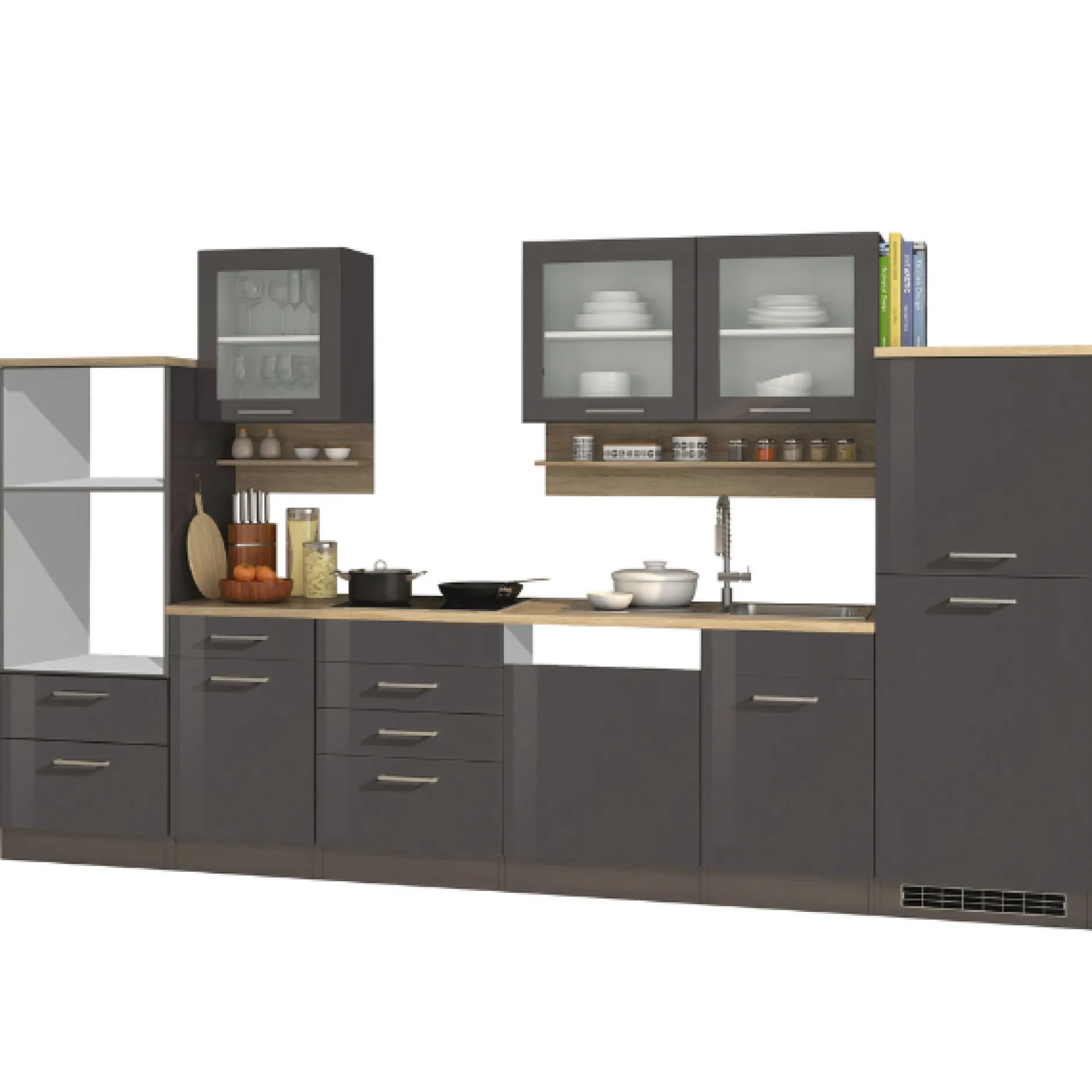 Küchenzeile Ragnar 340cm mit Platz für Backofen, Mikrowelle, Geschirrspüler und Kühlschrank - Hochglanz anthrazit
