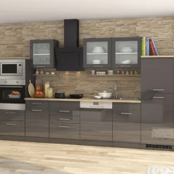 Küchenzeile Ragnar 340cm mit Platz für Backofen, Mikrowelle, Geschirrspüler und Kühlschrank - Hochglanz anthrazit