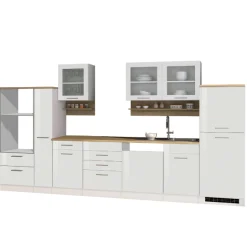 Küchenzeile Ragnar 370cm mit Platz für Backofen, Mikrowelle, Geschirrspüler und Kühlschrank - hochglänzend weiß