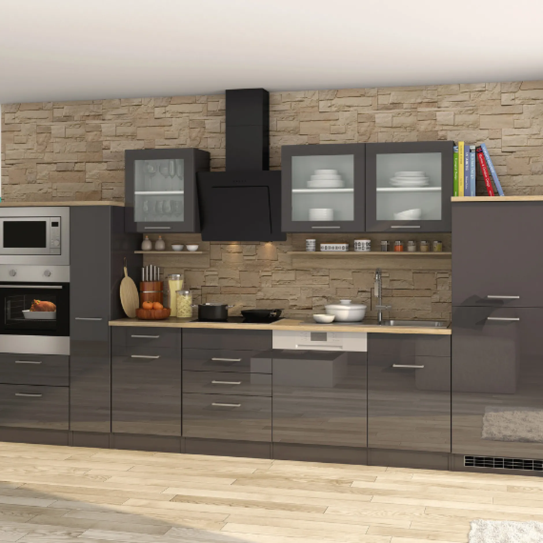 Küchenzeile Ragnar 370cm mit Platz für Backofen, Mikrowelle, Geschirrspüler und Kühlschrank - Hochglanz anthrazit