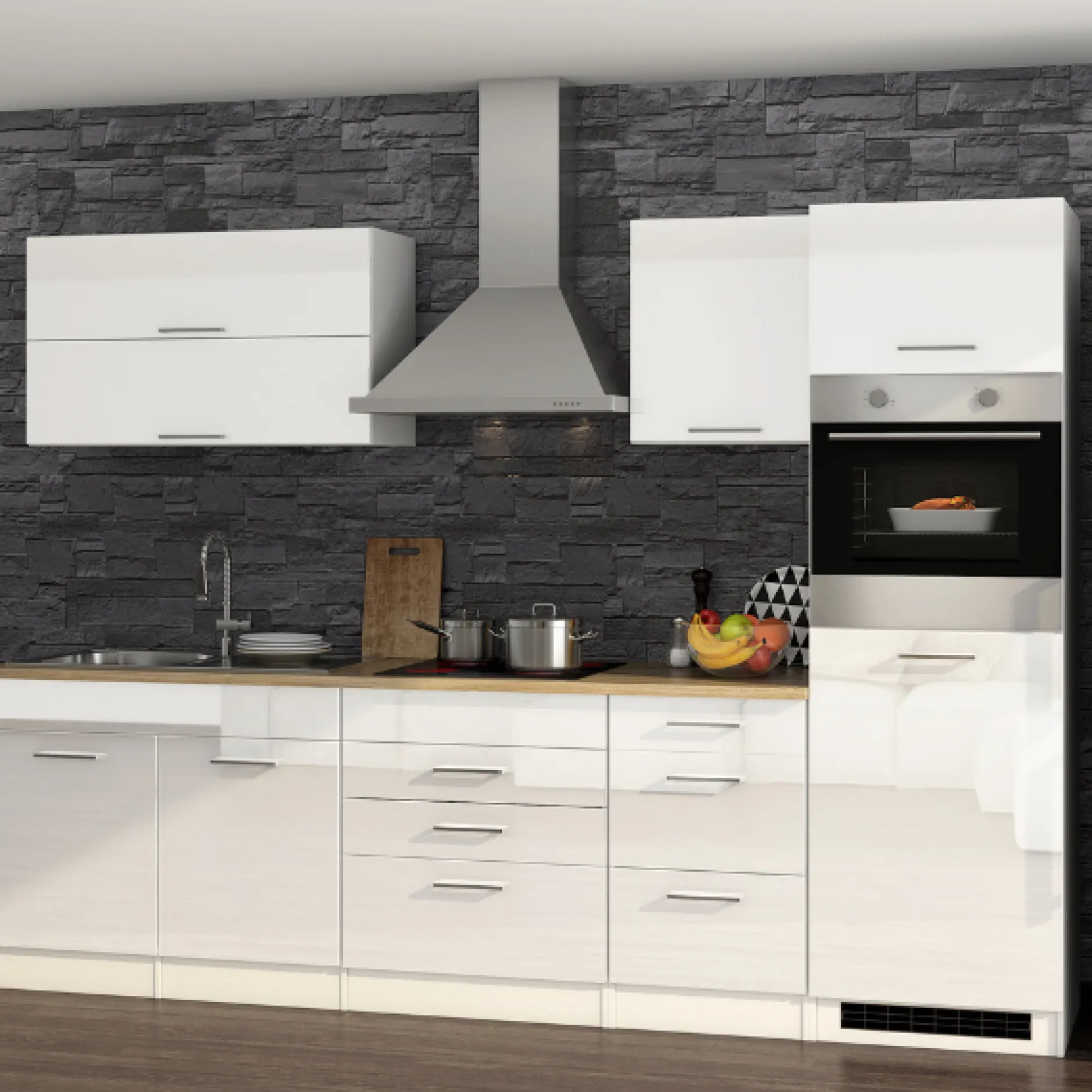 Küchenzeile Ragnar 290cm mit Platz für Kühlschrank und Backofen - Hochglanz weiß