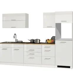 Küchenzeile Ragnar 290cm mit Platz für Kühlschrank und Backofen - Hochglanz weiß