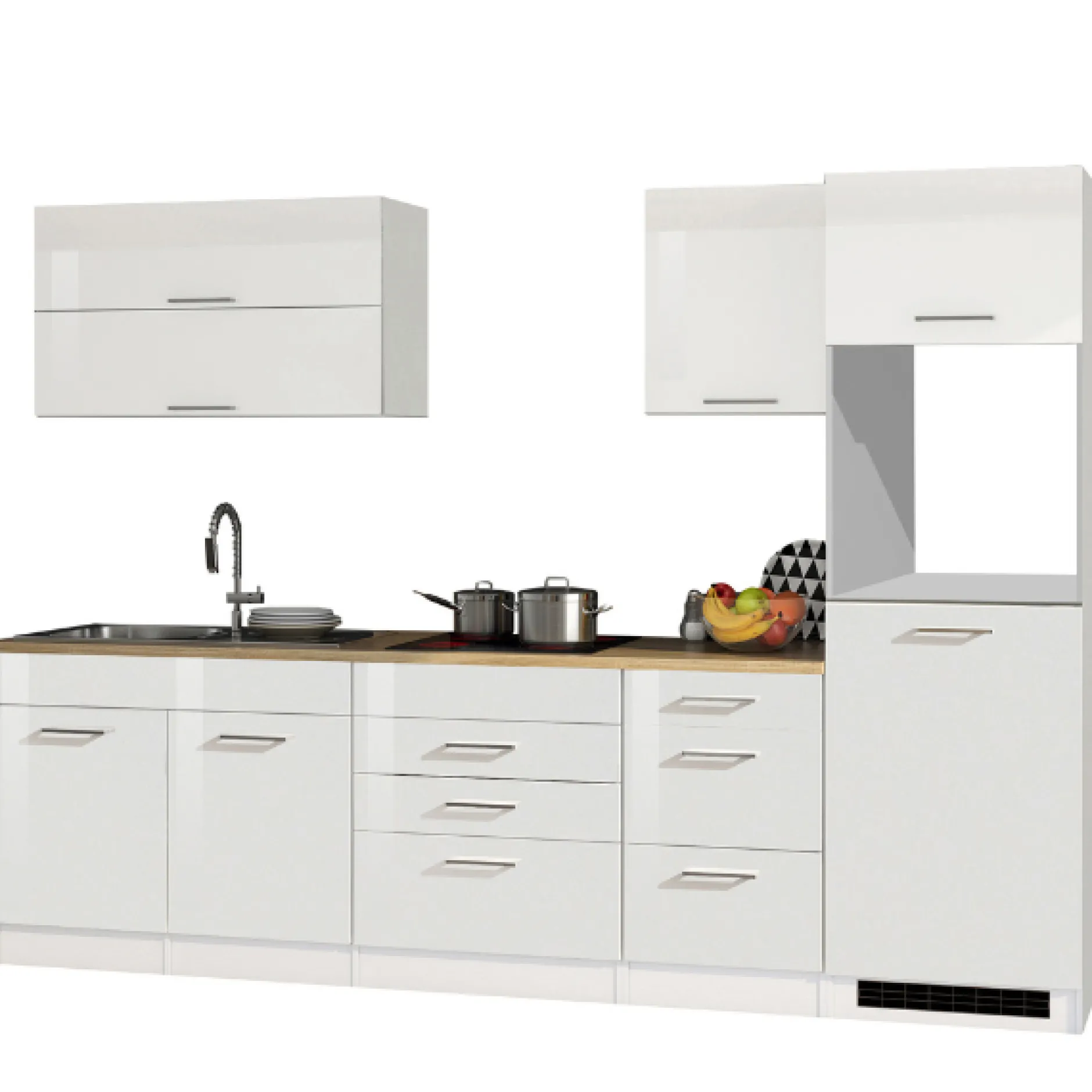 Küchenzeile Ragnar 290cm mit Platz für Kühlschrank und Backofen - Hochglanz weiß