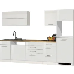 Küchenzeile Ragnar 300cm mit Platz für Geschirrspüler, Kühlschrank und Backofen - hochglänzend weiß