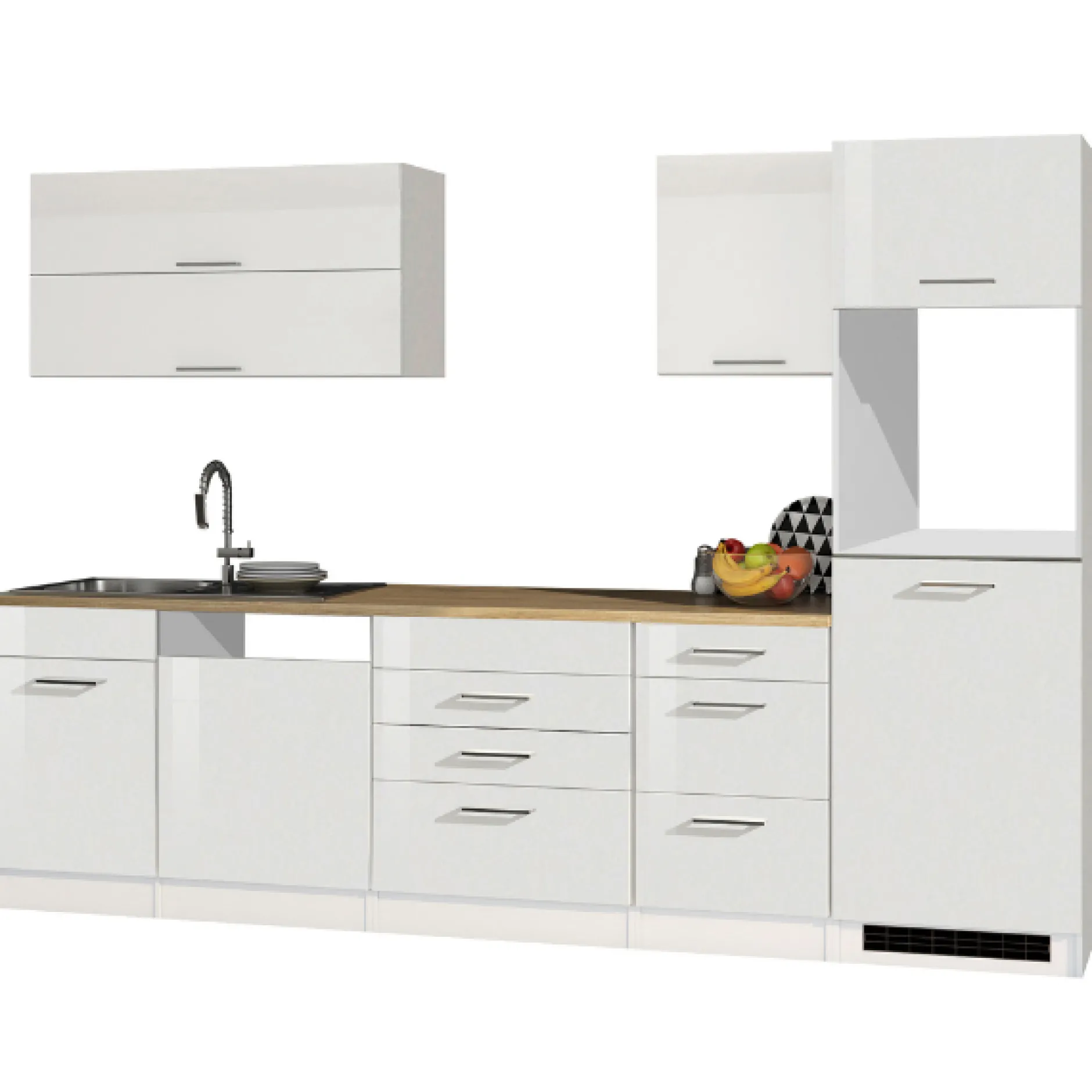 Küchenzeile Ragnar 300cm mit Platz für Geschirrspüler, Kühlschrank und Backofen - hochglänzend weiß