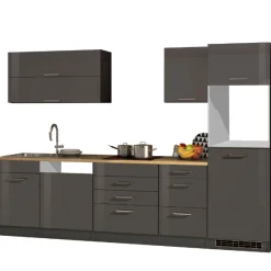 Küchenzeile Ragnar 300cm mit Platz für Geschirrspüler, Kühlschrank und Backofen - Hochglanz anthrazit