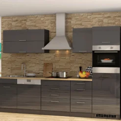 Küchenzeile Ragnar 300cm mit Platz für Geschirrspüler, Kühlschrank und Backofen - Hochglanz anthrazit