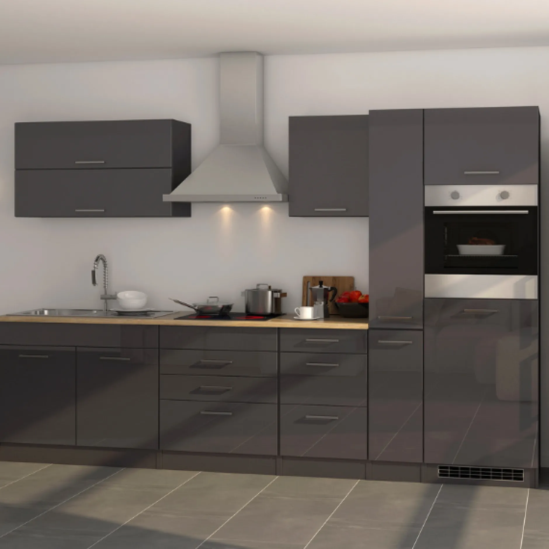 Küchenzeile Ragnar 320cm mit Platz für Kühlschrank und Backofen - Hochglanz anthrazit
