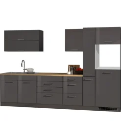 Küchenzeile Ragnar 320cm mit Platz für Kühlschrank und Backofen - Hochglanz anthrazit