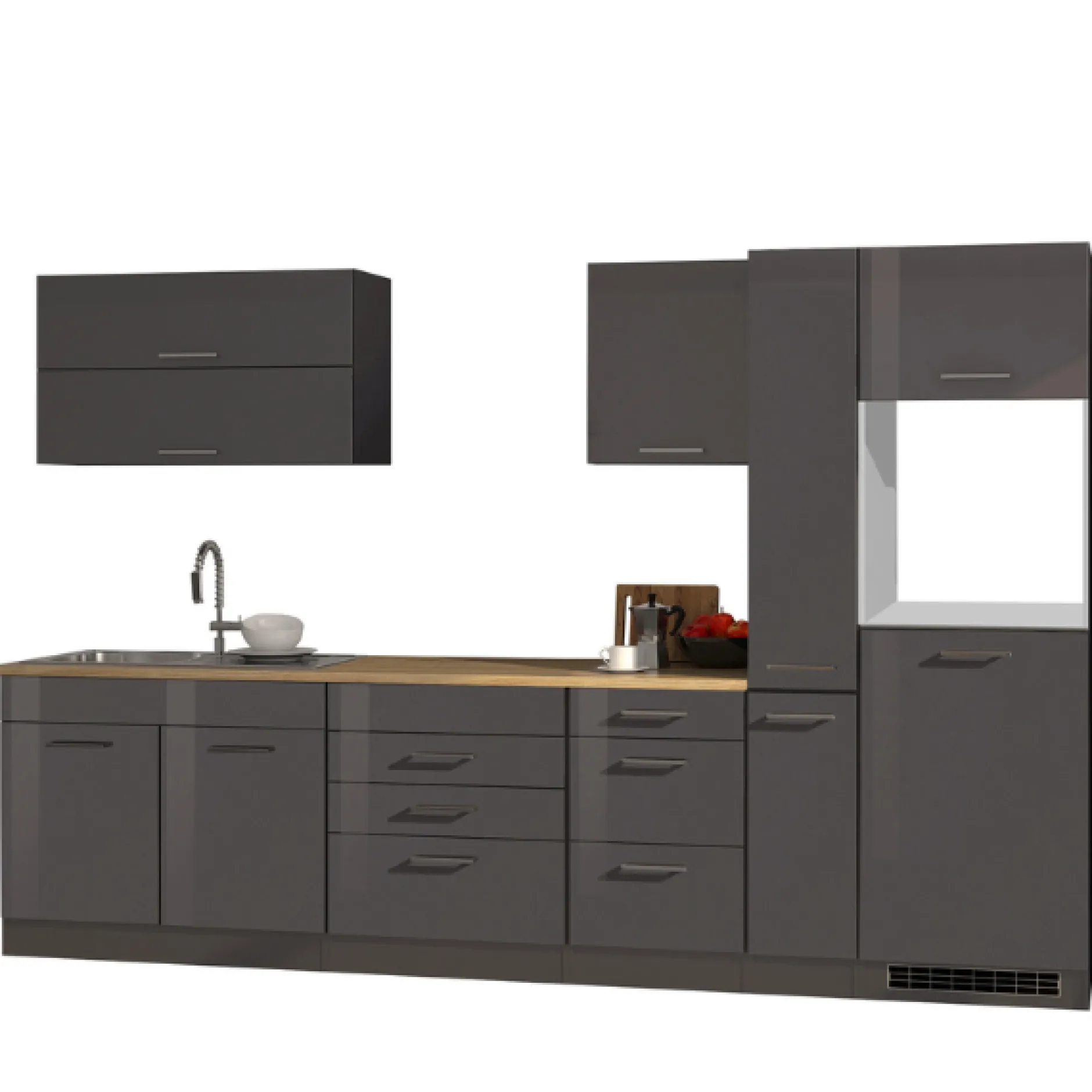 Küchenzeile Ragnar 320cm mit Platz für Kühlschrank und Backofen - Hochglanz anthrazit