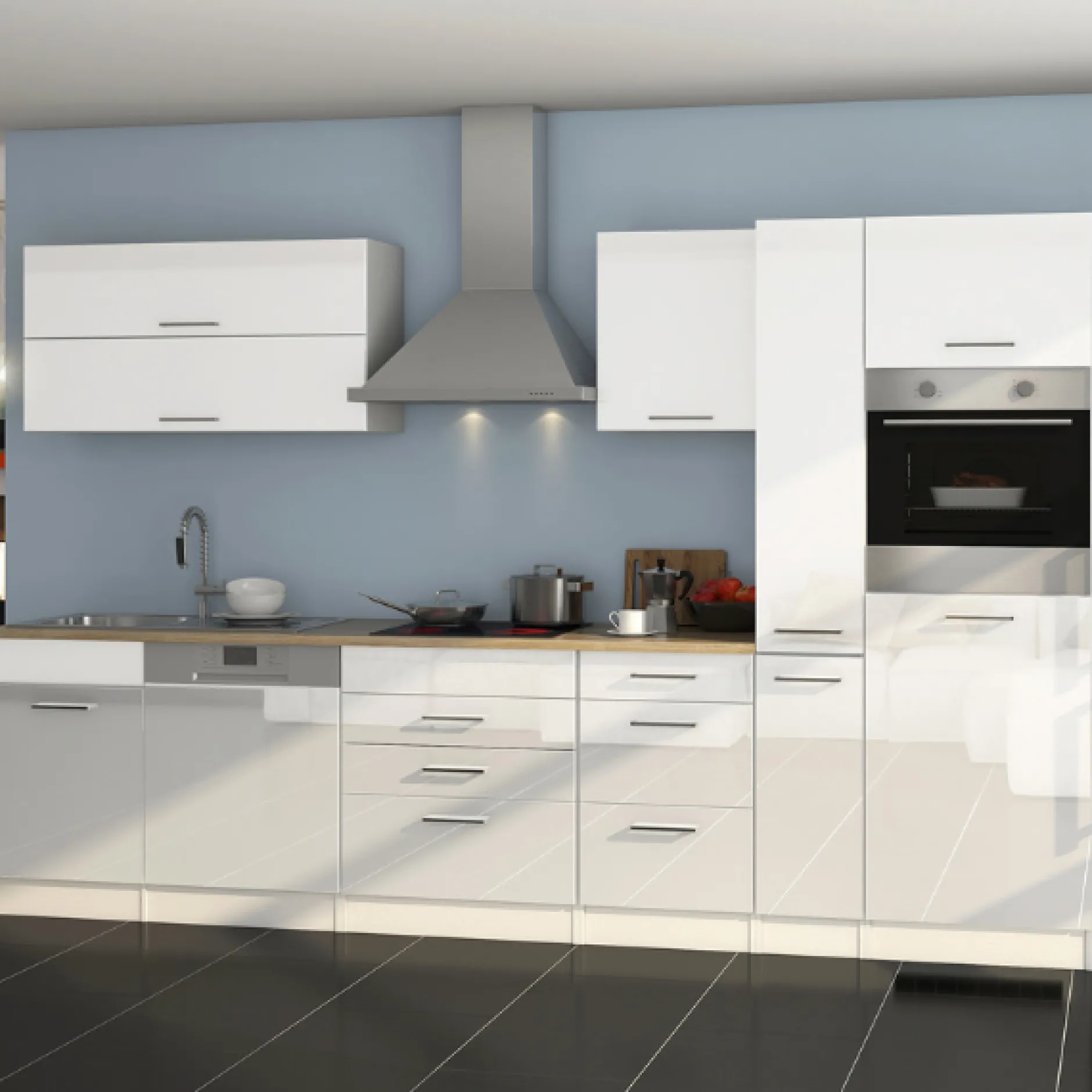Küchenzeile Ragnar 330cm mit Platz für Kühlschrank, Backofen und Geschirrspüler - hochglänzend weiß