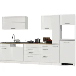 Küchenzeile Ragnar 330cm mit Platz für Kühlschrank, Backofen und Geschirrspüler - hochglänzend weiß