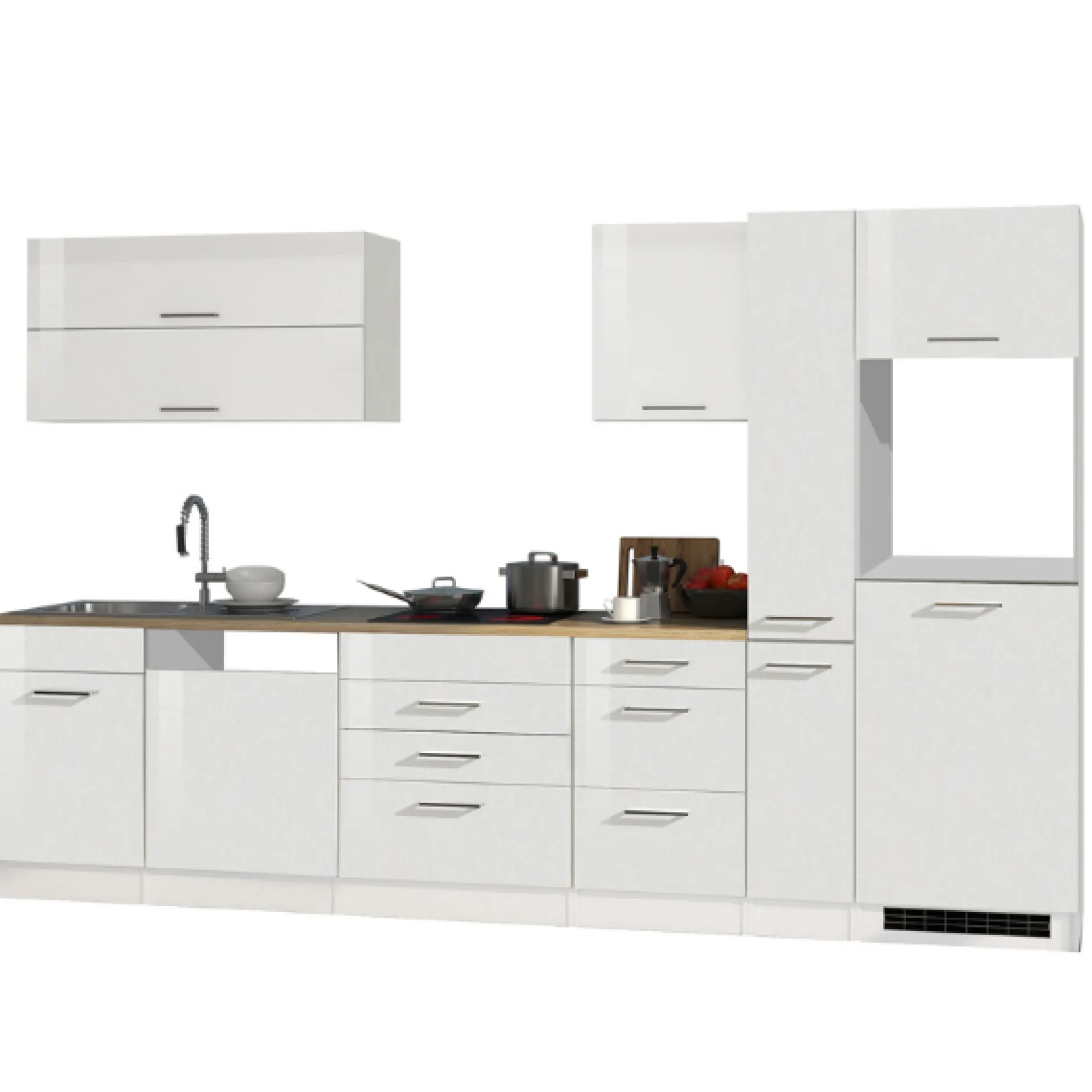 Küchenzeile Ragnar 330cm mit Platz für Kühlschrank, Backofen und Geschirrspüler - hochglänzend weiß