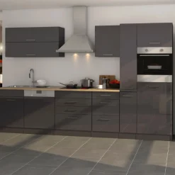 Küchenzeile Ragnar 330cm mit Platz für Kühlschrank, Backofen und Geschirrspüler - Hochglanz anthrazit